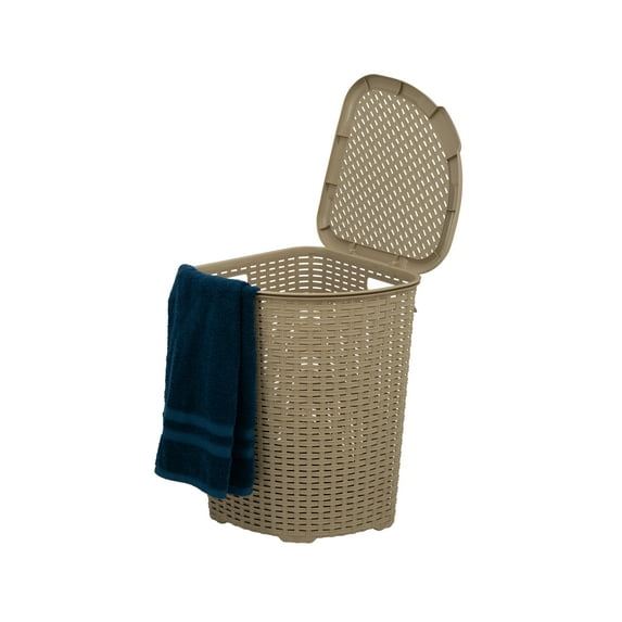 Superio Corner Laundry Hamper Basket With Lid 50 Liter, Beige Wicker Hamper - Durable, Lightweight Bin With Cutout Handles, Storage Dirty Cloths, Space Saver Curved Shape Design