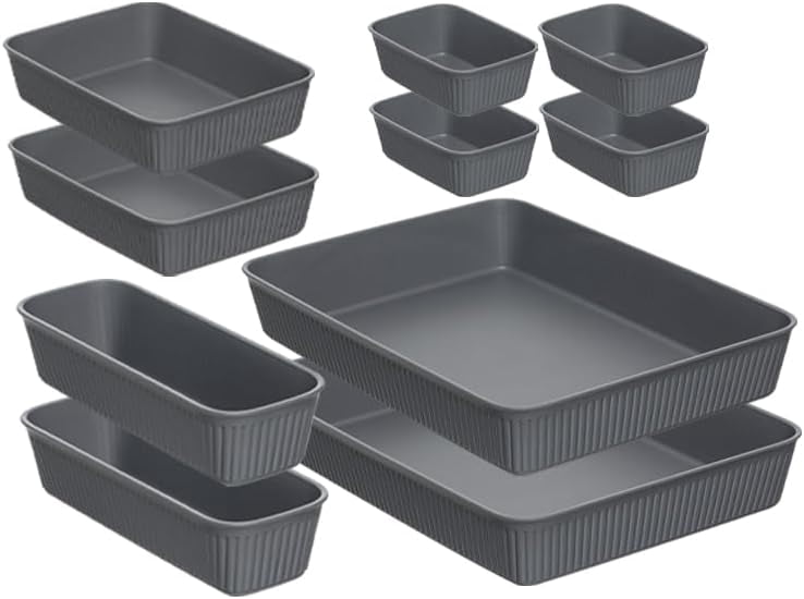 Superio Decorative Plastic Desk Drawer Organizer Tray, Grey (Set of 10) Open Home Storage Bins Organizer Baskets, for Organizing Closet Shelves Drawer Shelf - Ribbed Collection