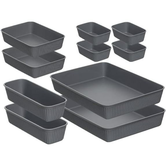 Superio Decorative Plastic Desk Drawer Organizer Tray, Grey (Set of 10) Open Home Storage Bins Organizer Baskets, for Organizing Closet Shelves Drawer Shelf - Ribbed Collection