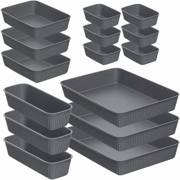 Superio Decorative Plastic Desk Drawer Organizer Tray, Grey (Set of 15) Open Home Storage Bins Organizer Baskets, for Organizing Closet Shelves Drawer Shelf - Ribbed Collection