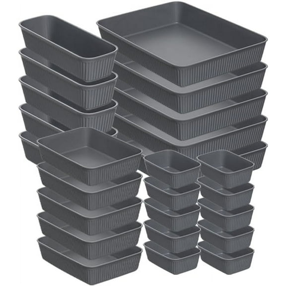 Superio Decorative Plastic Desk Drawer Organizer Tray, Grey (Set of 25) Open Home Storage Bins Organizer Baskets, for Organizing Closet Shelves Drawer Shelf - Ribbed Collection