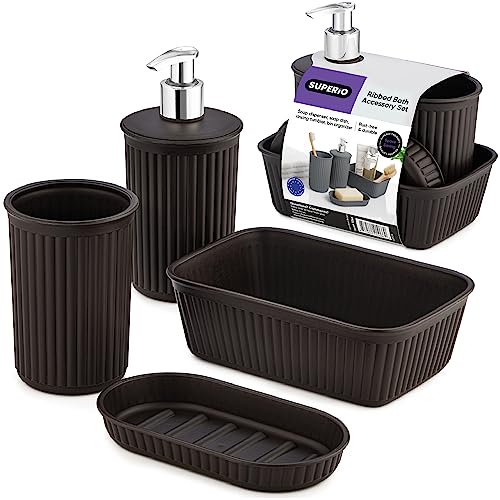 Superio Decorative Ribbed Bathroom Accessory Set, Plastic - Brown (4 Pack)