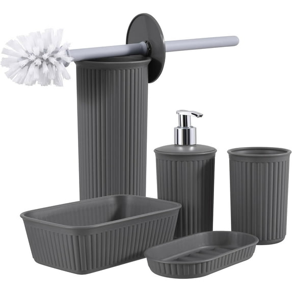 Superio Decorative Ribbed Bathroom Accessory Set, Plastic - Grey (5 Pack)