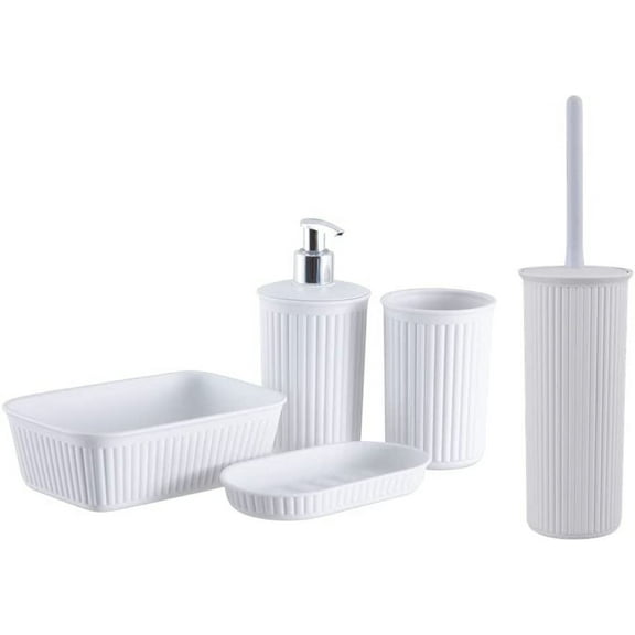 Superio Decorative Ribbed Bathroom Accessory Set, Plastic - White (5 Pack)