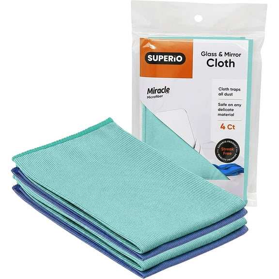Superio Glass Window Cleaning Cloth, Microfiber Cleaning Cloths for Glasses, Cars, Lens, Screen, Streak, and Lint Free (14x16, 4)