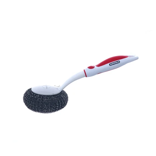 Superio Grill Brush Scrub With Long Handle, Steel Wool Scourer - Red