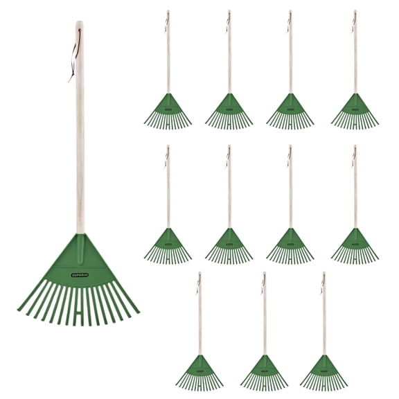 Superio Kids Leaf Rake, 34-Inch Gardening & Lawn Care Tool with Hardwood Handle and Durable Plastic Tines for Leaf Cleanup & Garden Maintenance, Green 12 Pack
