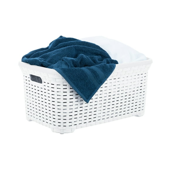 Superio Laundry Basket, Laundry Hamper, 50-liter wicker style basket with cutout handles, to storage dirty clothes, in washroom, or bedroom, white.