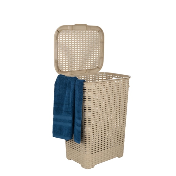 Superio Laundry Hamper Basket With Easy Open Lid 60 Liter Beige, Large Wicker Hamper, Dirty Cloths Storage With Two Cutout Handles, Laundry Room Bin