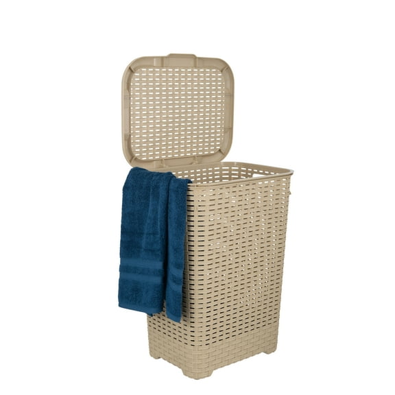 Superio Laundry Hamper Basket With Easy Open Lid 60 Liter Beige, Large Wicker Hamper, Dirty Cloths Storage With Two Cutout Handles, Laundry Room Bin
