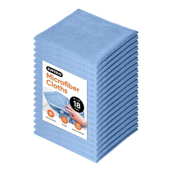 Superio Microfiber Cleaning Cloths Color-Coded for Easy Organization, Ultra-Soft, Durable, Multi-Purpose Cloths for Bathroom, Kitchen, Windows, Furniture, Electronics (Blue), 18 Pack