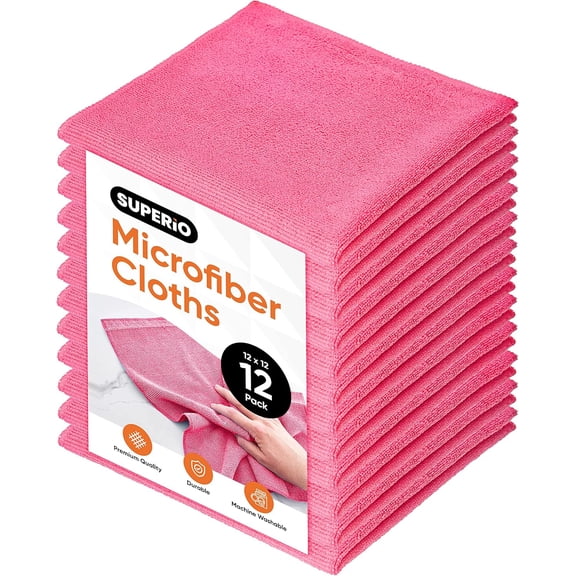 Superio Microfiber Cleaning Cloths Color-Coded for Easy Organization, Ultra-Soft, Durable, Multi-Purpose Cloths for Bathroom, Kitchen, Windows, Furniture, Electronics (Pink)