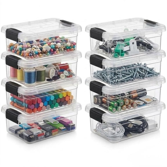 Superio 0.7 Quart Mini Clear Plastic Storage Container with Lid, Stackable Small Organizer Box for Crayons, Art Supplies, Beads, Sewing, Stationery & Food Storage, 8 Pack