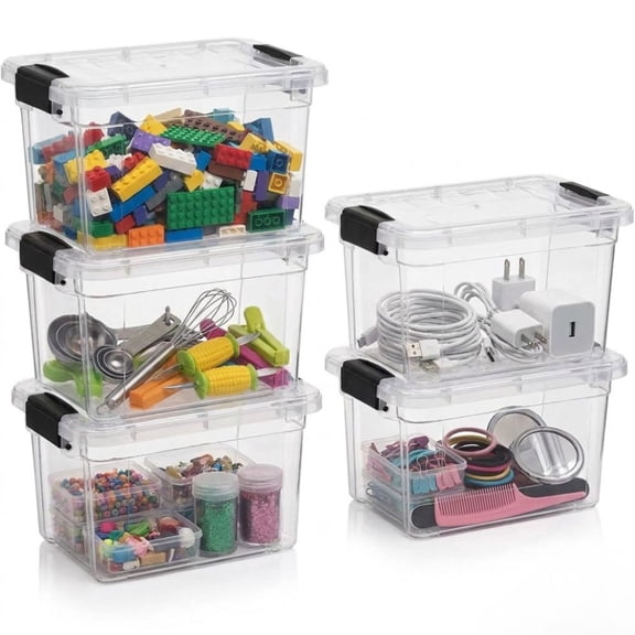 Superio 1.4 Quart Mini Clear Plastic Storage Container with Lid, Stackable Small Organizer Box for Crayons, Art Supplies, Beads, Sewing, Stationery & Food Storage, 5 Pack