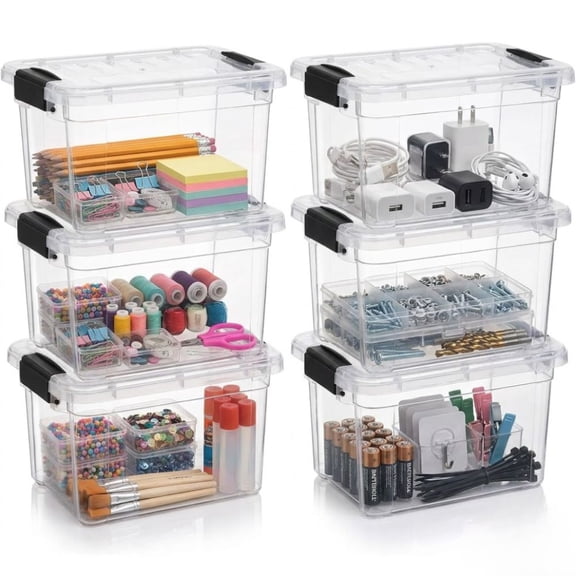Superio 1.4 Quart Mini Clear Plastic Storage Container with Lid, Stackable Small Organizer Box for Crayons, Art Supplies, Beads, Sewing, Stationery & Food Storage, 6 Pack