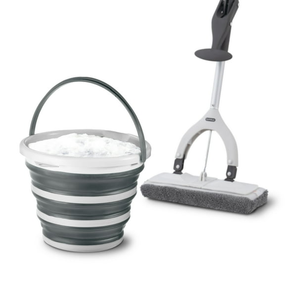 Superio Miracle Microfiber Mop with Telescopic Handle & 2-Gallon Collapsible Bucket - Lightweight Cleaning Set for Floors, Walls, Car Wash, Camping & More - Grey