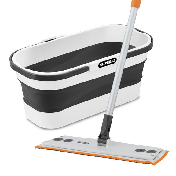 Superio Miracle Mop with Telescopic Handle & Microfiber Pad, Fold N Go 10L Collapsible Mop Bucket with Wheels - Portable Cleaning Set for Vinyl, Tile, Hardwood & More - Grey