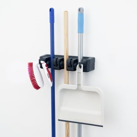 Superio Mop And Broom Holder Wall Mount Black Cleaning Tools Wall Organizer, 3 Rack Slots / 4 Hooks For Kitchen Closet, Garage, Garden, Office