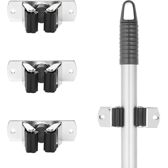 Superio Mop and Broom Holder, Set of 4 Single Piece Hooks, Stainless Steel Wall Mount Cleaning Storage Tool Organizer, Heavy-Duty Hook for Kitchen, Closet Garage, and Office
