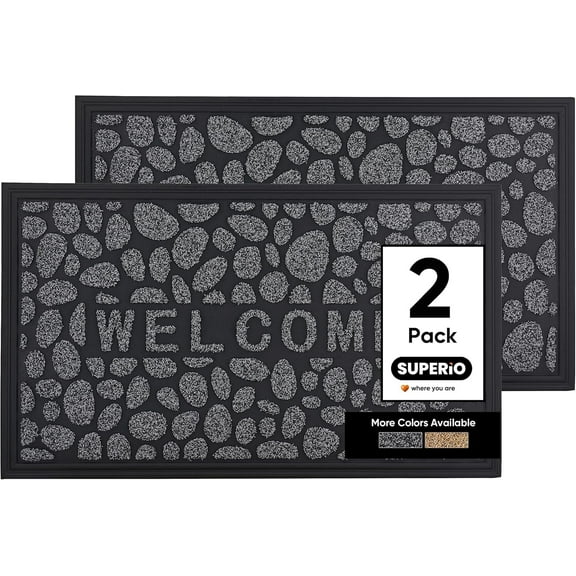 Superio Non-Slip Welcome Doormats for Entry, 18" x 30", Indoor Outdoor, Heavy Duty Matts, Waterproof, Easy Clean, Low-Profile Mats for Entry, Garage, Patio, High Traffic Areas, Grey, 2 Pack