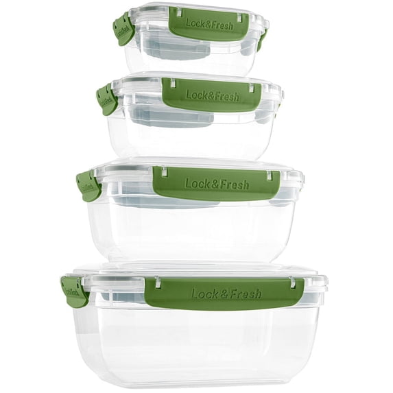 Superio Plastic Airtight Food Storage Containers, Set of 4 Sealed Clear Container Bowls with Lids, BPA Free, Rectangular, Green
