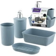 thumbnail image 1 of Decorative Plastic Bathroom Accessories Set, Blue (Set of 4) Soap Dish, Liquid Dispenser, Toothbrush Holder Cup, Vanity Organizer Tray - Bath Accessory Countertop Decor Gift - Ribbed Design, 1 of 7