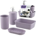 thumbnail image 1 of Decorative Plastic Bathroom Accessories Set, Lilac Purple (Set of 4) Soap Dish, Liquid Dispenser, Toothbrush Holder Cup, Vanity Organizer Tray - Bath Accessory Countertop Decor Gift - Ribbed Design, 1 of 7