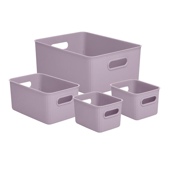 Superio Ribbed Collection - Decorative Plastic Open Home Storage Bins Organizer Baskets, Lilac Purple (Set of 4) 1 Large, 1 Medium, 2 Small - Container Boxes for Organizing Closet, Drawer Shelf