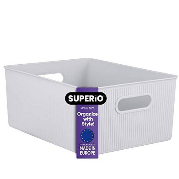 Superio Ribbed Plastic Storage Basket Organizer, 15 Liter Classic Closet Storage Bin for Shelf, Desk, Pantry – Store Toys, Clothes, Cosmetics, Stationary – White Smoke