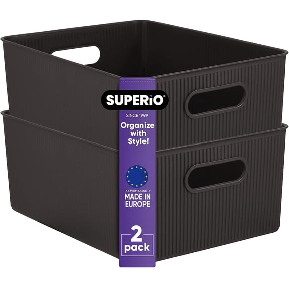 Superio Ribbed Plastic Storage Basket Organizer (2 Pack), 15 Liter Classic Closet Storage Bin for Shelf, Desk, Pantry  Store Toys, Clothes, Cosmetics, Stationary  Brown