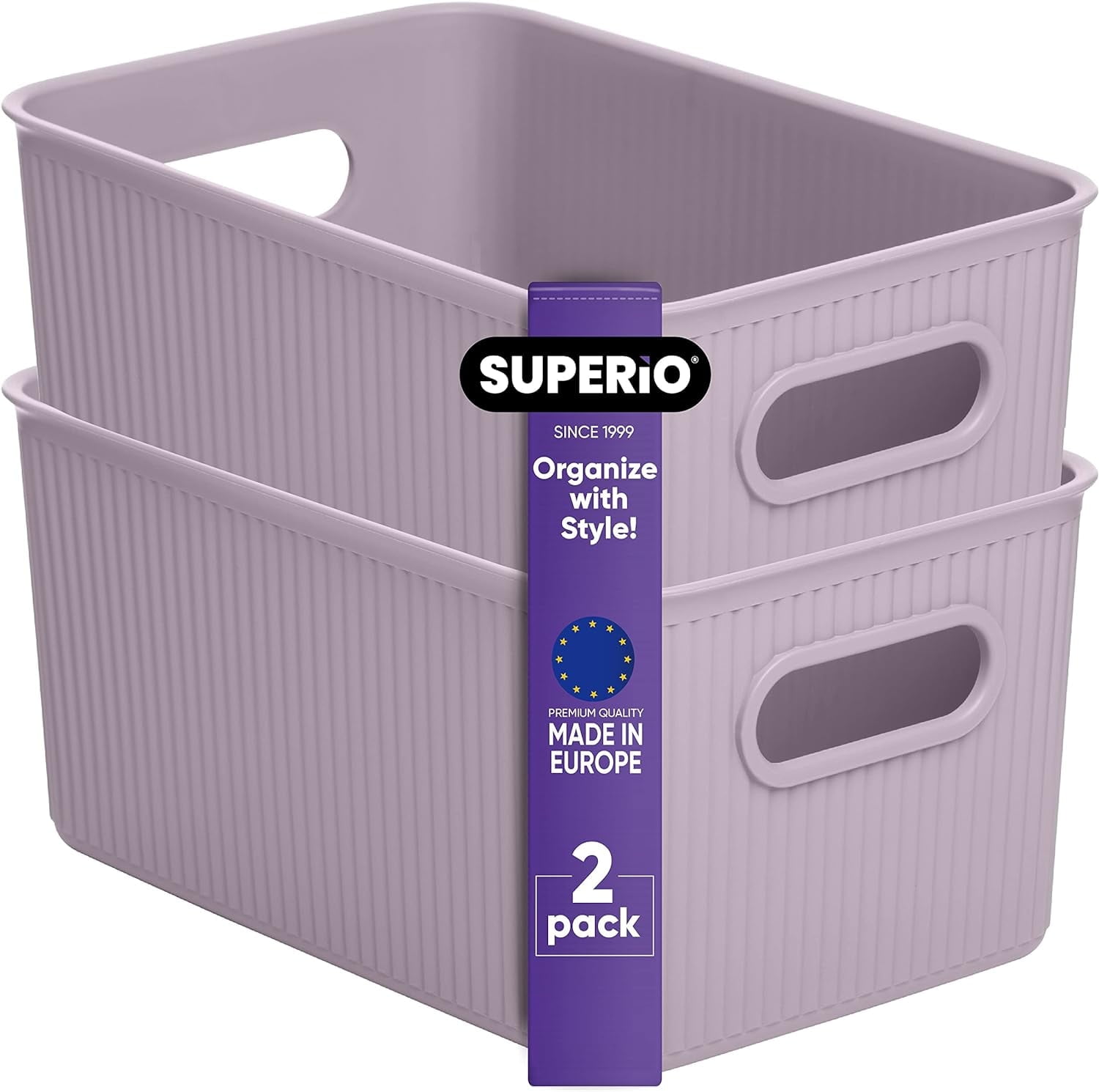 Superio Ribbed Plastic Storage Basket Organizer (2 Pack), Stackable Classic Closet Storage Bin for Shelf, Desk, Pantry- Store Toys, Clothes, Cosmetics, Stationary (Lilac, 5 Liter)
