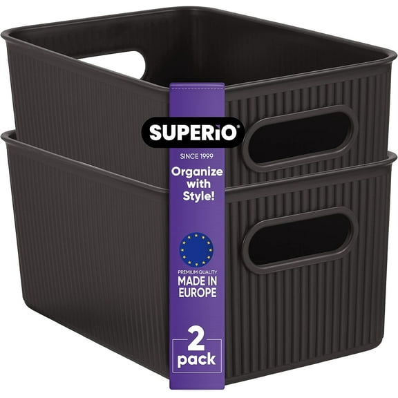 Superio Ribbed Plastic Storage Basket Organizer (2 Pack), Stackable Classic Closet Storage Bin for Shelf, Desk, Pantry- Store Toys, Clothes, Cosmetics, Stationary (Brown, 5 Liter)