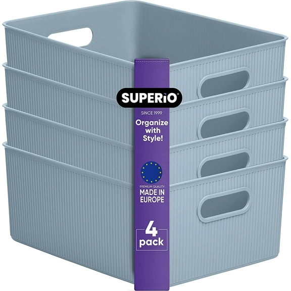 Superio Ribbed Plastic Storage Basket Organizer (4 Pack), 15 Liter Classic Closet Storage Bin for Shelf, Desk, Pantry – Store Toys, Clothes, Cosmetics, Stationary – Blue