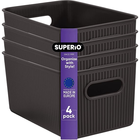 Superio Ribbed Plastic Storage Basket Organizer (4 Pack), Stackable Classic Closet Storage Bin for Shelf, Desk, Pantry- Store Toys, Clothes, Cosmetics, Stationary (Brown, 5 Liter)
