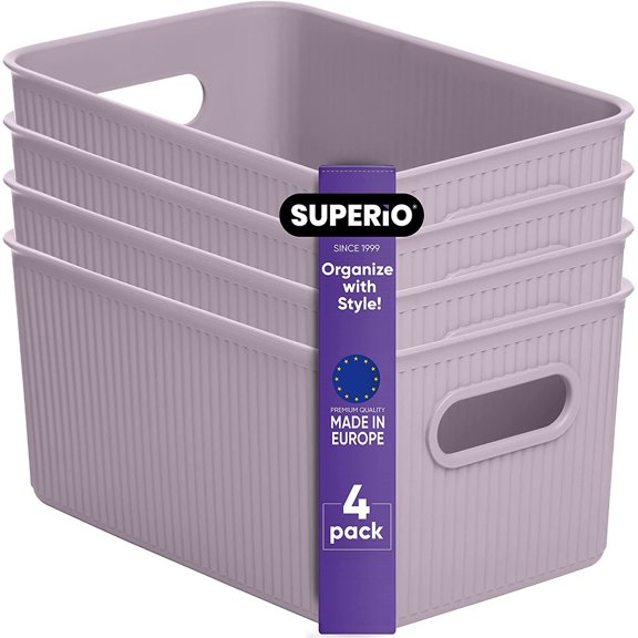 Superio Ribbed Plastic Storage Basket Organizer (4 Pack), Stackable Classic Closet Storage Bin for Shelf, Desk, Pantry- Store Toys, Clothes, Cosmetics, Stationary (Lilac, 5 Liter)