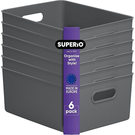 Superio Ribbed Plastic Storage Basket Organizer (6 Pack), Grey 15 Liter Classic Closet Storage Bins