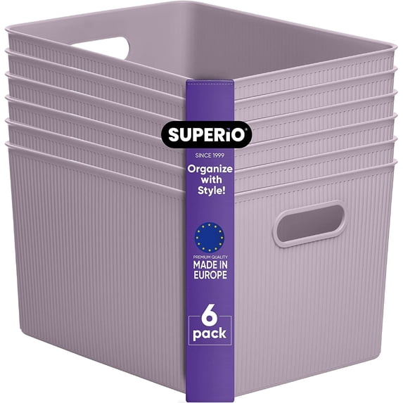 Superio Ribbed Plastic Storage Basket Organizer (6 Pack), 22 Liter Classic Closet Storage Bin for Shelf, Desk, Pantry â Store Toys, Clothes, Cosmetics, Stationary â Lilac