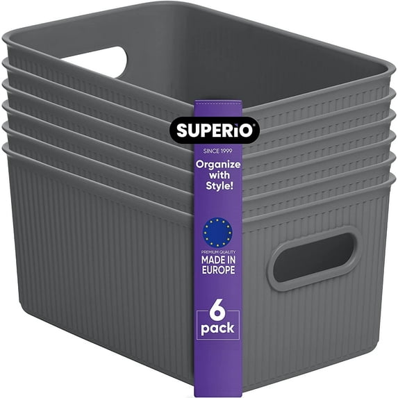 Superio Ribbed Plastic Storage Basket Organizer (6 Pack), Stackable Classic Closet Storage Bin for Shelf, Desk, Pantry- Store Toys, Clothes, Cosmetics, Stationary (Grey, 5 Liter)