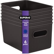 Superio Ribbed Plastic Storage Basket Organizer 6 Pack, Stackable Classic Closet Storage Bin for Shelf, Desk, Pantry- Store Toys, Clothes, Cosmetics, Stationary Brown, 5 Liter