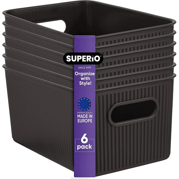 Superio Ribbed Plastic Storage Basket Organizer (6 Pack), Stackable Classic Closet Storage Bin for Shelf, Desk, Pantry- Store Toys, Clothes, Cosmetics, Stationary (Brown, 5 Liter)