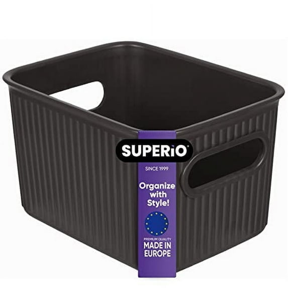 Superio Ribbed Plastic Storage Basket Organizer, Brown Stackable Closet Storage bin for Shelf, Pantry, Office, and Cosmetics