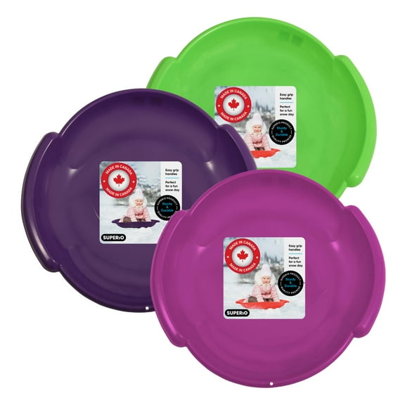 Superio Round Snow Sled, Heavy Duty Plastic Saucer Toddler Sled with Handles 24" Winter Snow Toys Fun for Kids and Adults 3-Pack, Green-Purple-Fuchsia