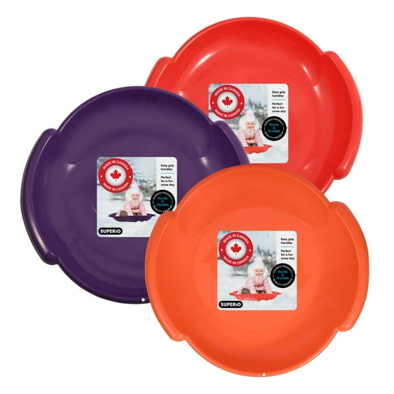 Superio Round Snow Sled, Heavy Duty Plastic Saucer Toddler Sled with Handles 24" Winter Snow Toys Fun for Kids and Adults 3-Pack, Red-Purple-Orange