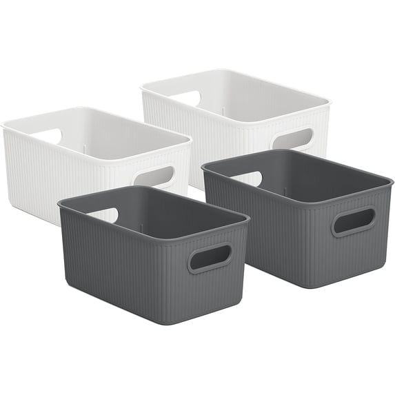 Superio Small Decorative Storage Bin (4 Pack)- Closet, and Shelf Plastic Storage Basket Organizer for Home, Toys, and Pantry- Ribbed Design, 5 Liter, Grey and White