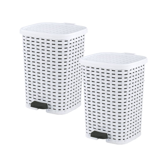 Superio Small Outdoor Trash Can with Lid for Dog Poop 3 Gallon/12 L Mini Plastic Garbage Can with Foot Pedal for Bathroom, Bedroom, Office, Patio, Wicker White, 2 Pack