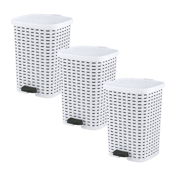Superio Small Outdoor Trash Can with Lid for Dog Poop 3 Gallon/12 L Mini Plastic Garbage Can with Foot Pedal for Bathroom, Bedroom, Office, Patio, Wicker White, 3 Pack