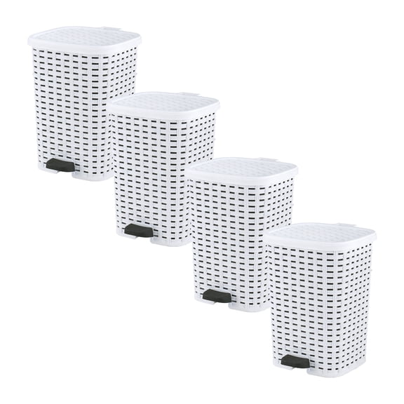 Superio Small Outdoor Trash Can with Lid for Dog Poop 3 Gallon/12 L Mini Plastic Garbage Can with Foot Pedal for Bathroom, Bedroom, Office, Patio, Wicker White, 4 Pack
