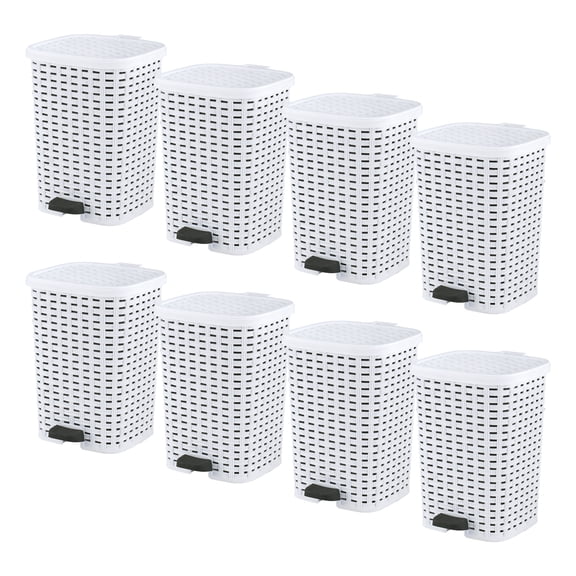 Superio Small Outdoor Trash Can with Lid for Dog Poop 3 Gallon/12 L Mini Plastic Garbage Can with Foot Pedal for Bathroom, Bedroom, Office, Patio, Wicker White, 8 Pack