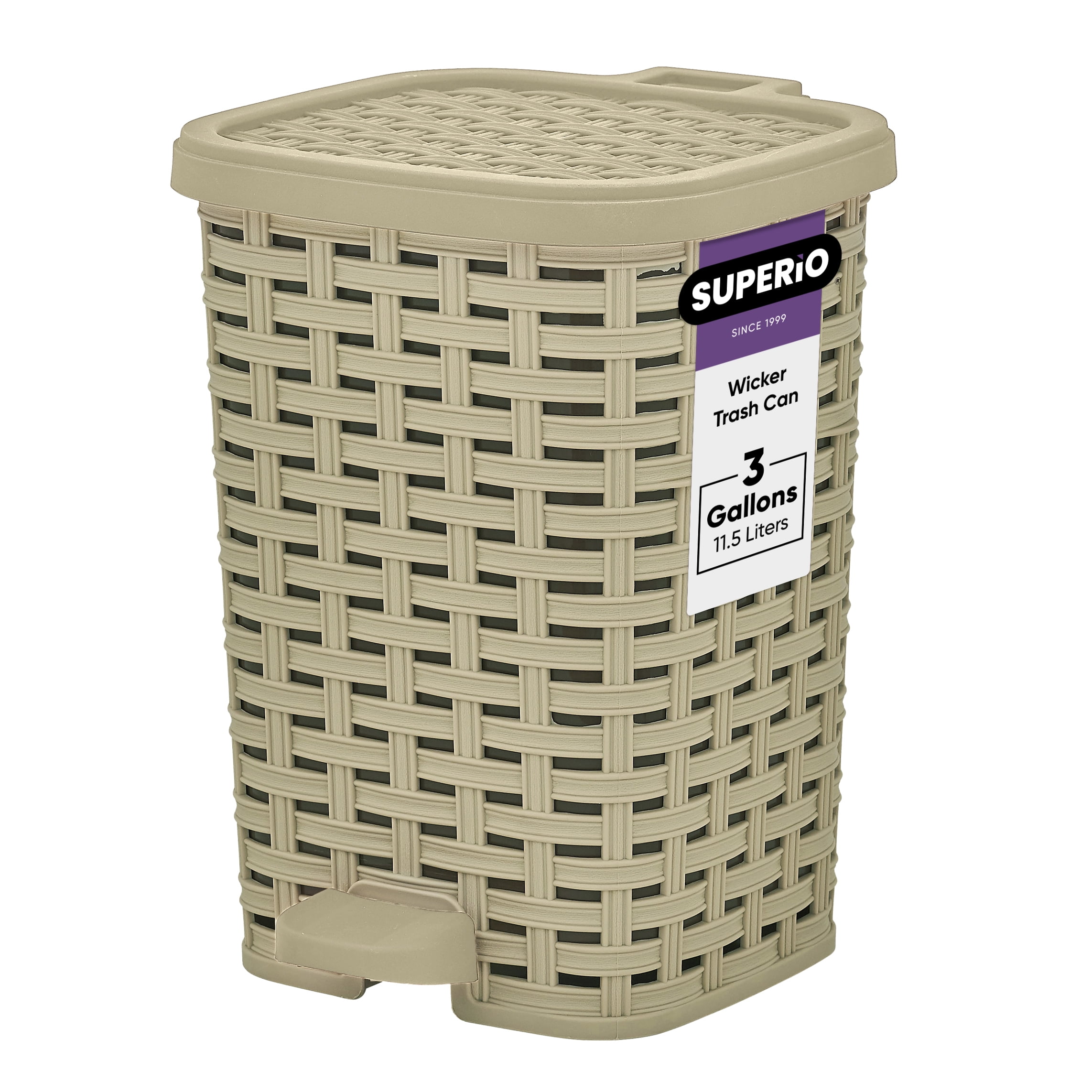 Superio Small Outdoor Trash Can with Lid for Dog Poop 12 Liter - 3 Gallon Plastic Wicker Mini Waste Basket