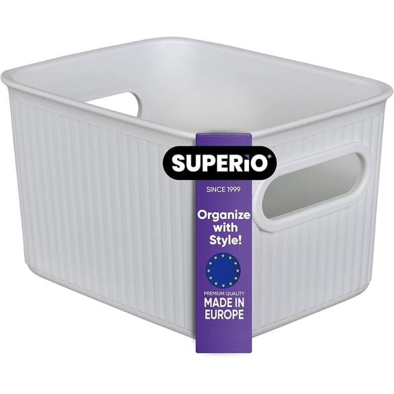 Superio Small Ribbed Plastic Storage Basket Organizer, 1.5 Liter Mini Closet Storage bin for Home, Shelf, Pantry, and Cosmetics – White Smoke